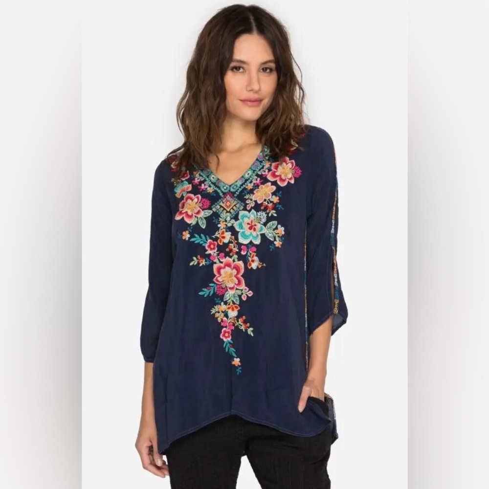 Adore Small Navy Colorful Embroidered Tunic Top — Johnny Was Inspired 💙